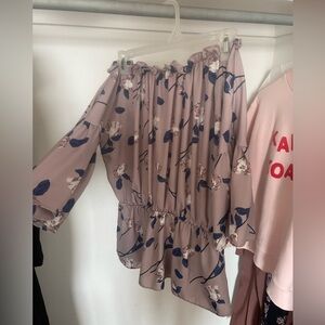 Light purple/ pastel purple off shoulder floral blouse/ shirt. Cinched waist